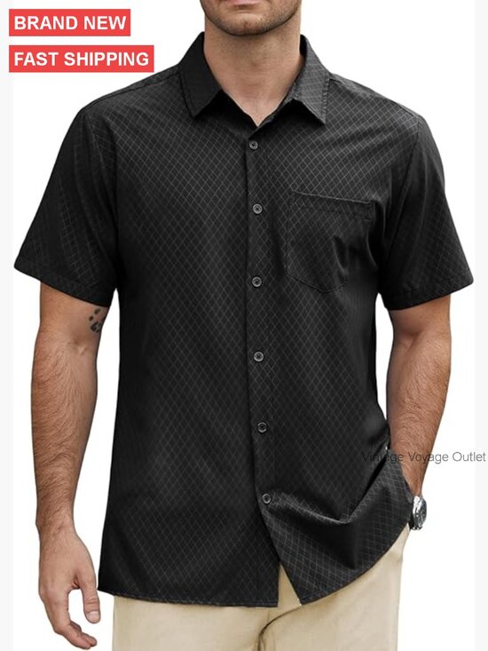 Other - Men's Short Sleeve Button Down Shirt Stretch Business Casual Diamond Print